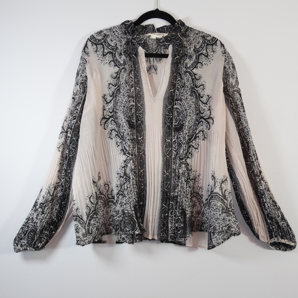 Anthropologie Forever That Girl Boho Pleated Blouse Black Ivory Flowy Top XL XXL